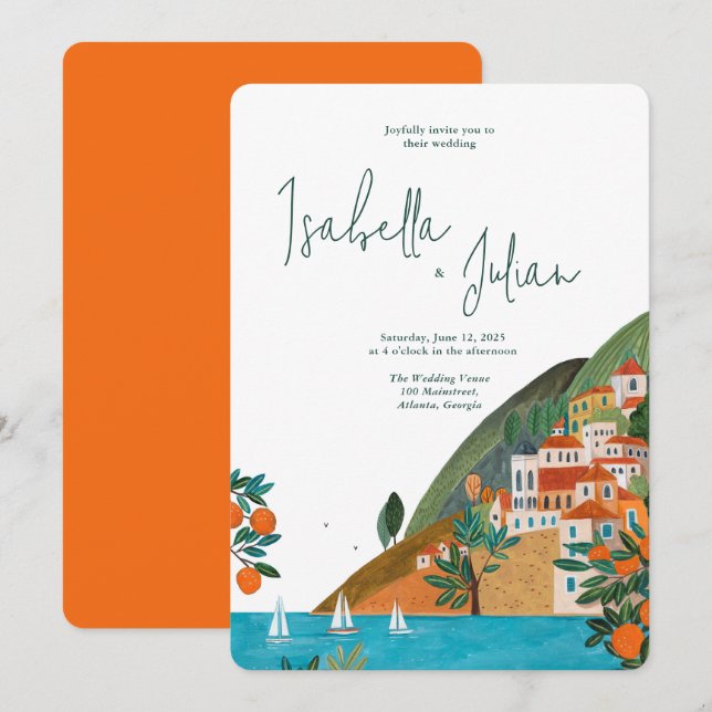 Mediterranean Coastal Village Wedding Summer Invitation (Front/Back)