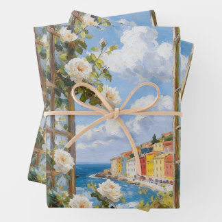 Mediterranean Coastal Village & White Roses Wrappi Wrapping Paper Sheets