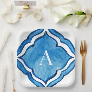 Mediterranean Cobalt Blue Tile Monogram II Paper Plates