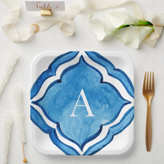Mediterranean Cobalt Blue Tile Monogram II Paper Plates (Wedding)