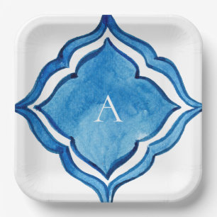 Mediterranean Cobalt Blue Tile Monogram Paper Plates