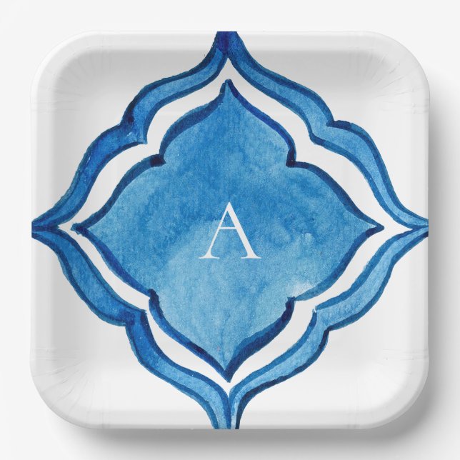 Mediterranean Cobalt Blue Tile Monogram Paper Plates (Front)