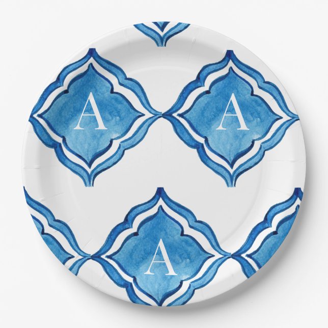 Mediterranean Cobalt Blue Tile Monogram Round Paper Plates (Front)
