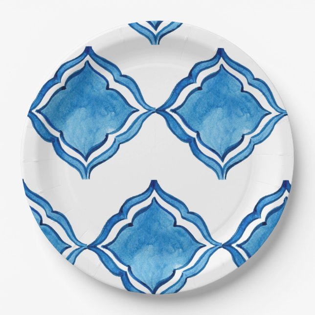 Mediterranean Cobalt Blue Tile Round Paper Plates (Front)