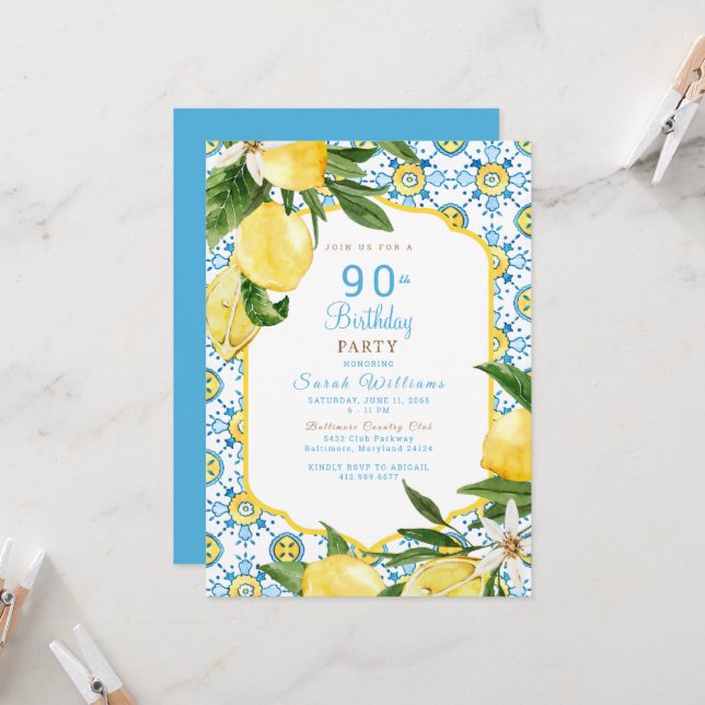 Mediterranean  Colorful 90th Birthday Party  Invitation (Front/Back In Situ)