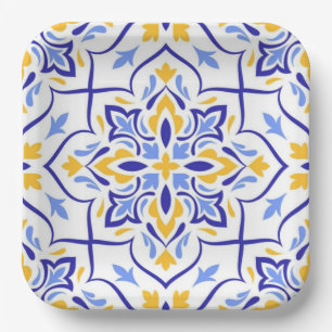 Mediterranean Crown Elegant Blue and Gold Floral Paper Plates