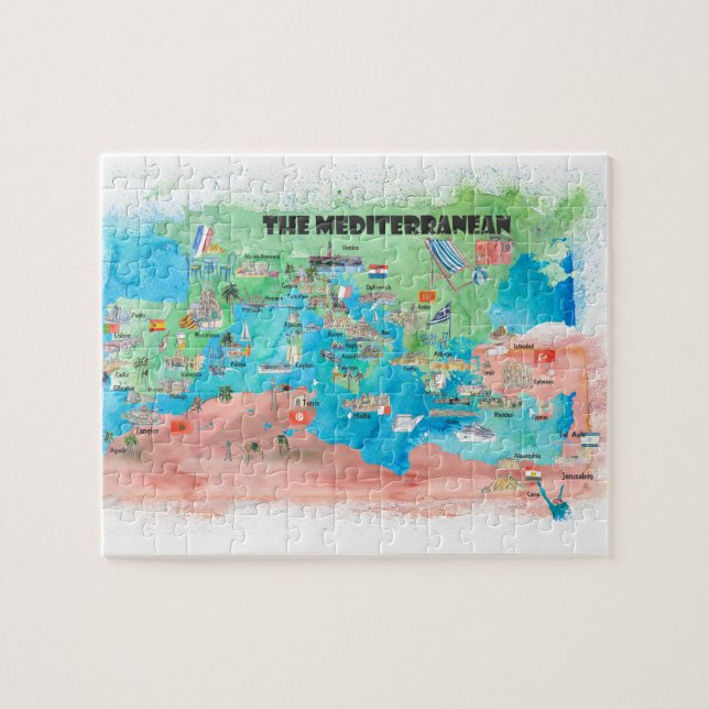 Mediterranean Cruise Travel Poster Map Spain Italy Jigsaw Puzzle (Horizontal)