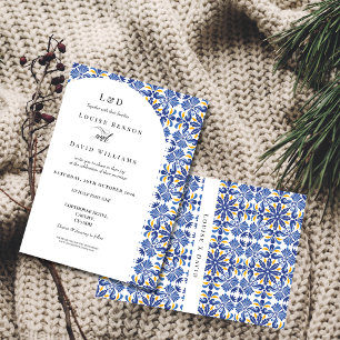 Mediterranean Elegant Blue and Yellow Wedding Invitation