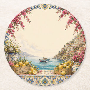 Mediterranean Escape Boat   Coastal Party Decor Round Paper Coaster