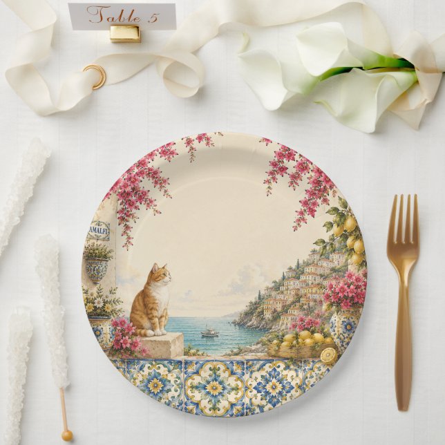Mediterranean Escape Cat  | Coastal Party Decor Paper Plates (Wedding)