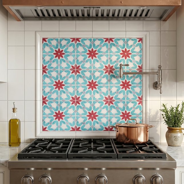 Mediterranean Faux Stone Teal Red Geometric Floral Ceramic Tile (Creator Uploaded)
