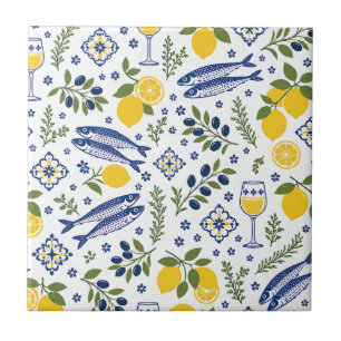 Mediterranean Fish, Lemons & Wine, Coastal Kitchen Ceramic Tile