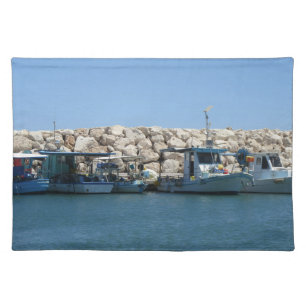 Mediterranean Fishing Boats in Blue Sea Design Cloth Placemat