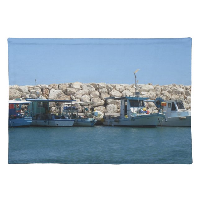 Mediterranean Fishing Boats in Blue Sea Design Cloth Placemat (Front)