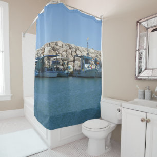Mediterranean Fishing Boats in Blue Sea Design Shower Curtain