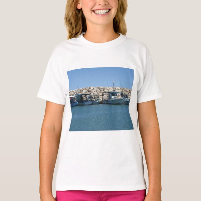 Mediterranean Fishing Boats in Blue Sea Design T-Shirt (Front)
