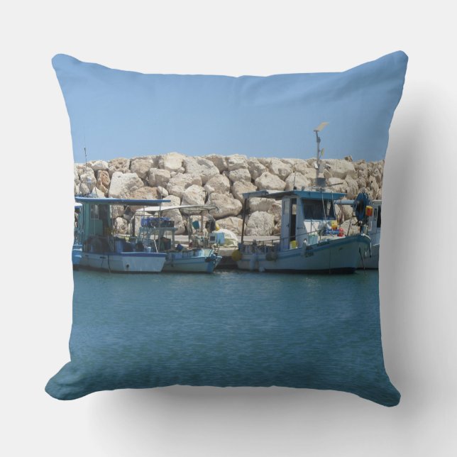Mediterranean Fishing Boats in Blue Sea Design Throw Pillow (Front)