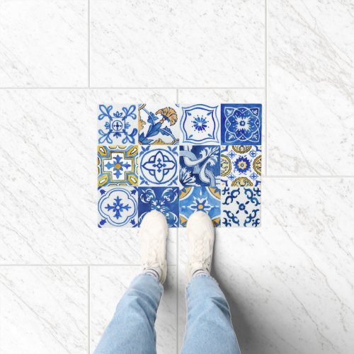 Mediterranean Floral Blue White  Yellow Pattern Doormat