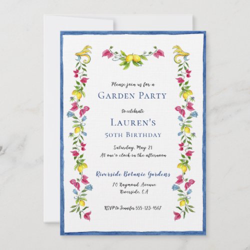 Mediterranean Floral Garden Birthday Party Invitation