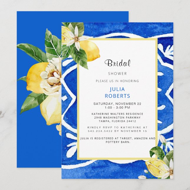 Mediterranean Floral & Lemon Bridal Shower Invitation (Front/Back)