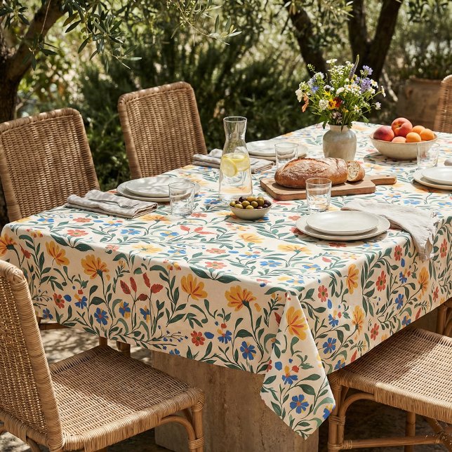 Mediterranean Floral Seamless Pattern Tablecloth (Mediterranean Wildflower Tablecloth – Floral Summer Dining Table Cover – Cottage Garden Brunch Decor)