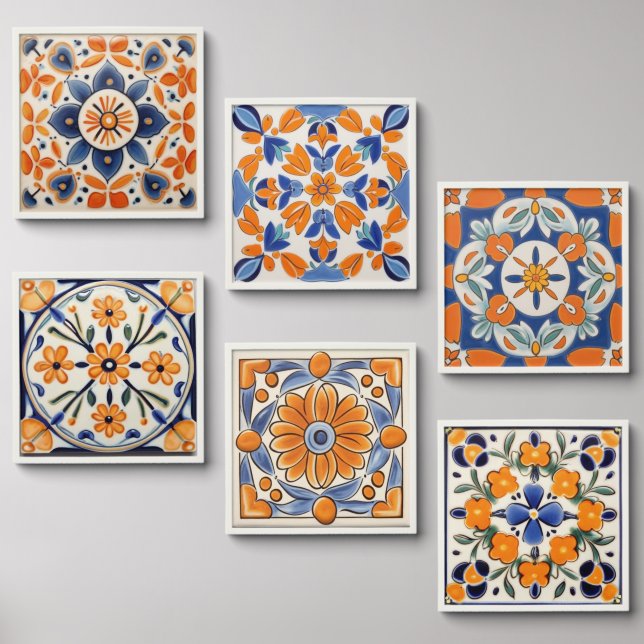Mediterranean Folk Art Floral Orange & Blue Flower Peel And Stick Photo Tile (Front Set)