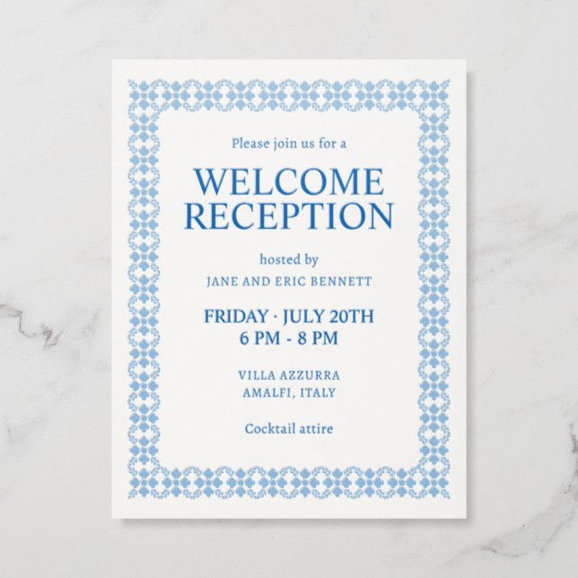 Mediterranean Frame Wedding Welcome Reception Letterpress Enclosure Card (Front)