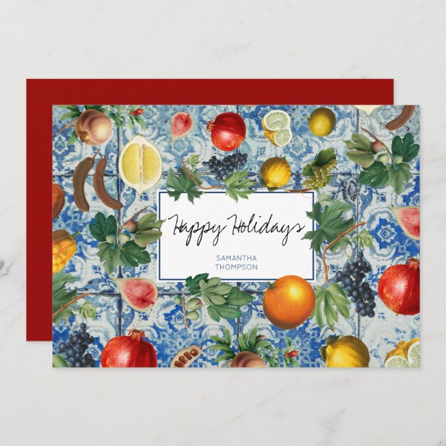 Mediterranean Fruit Blue Mosaic Christmas Card (Front/Back)
