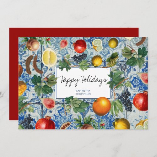 Mediterranean Fruit Blue Mosaic Christmas Card