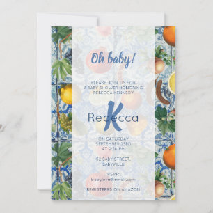Mediterranean Fruit Blue White Mosaic Baby Shower Invitation
