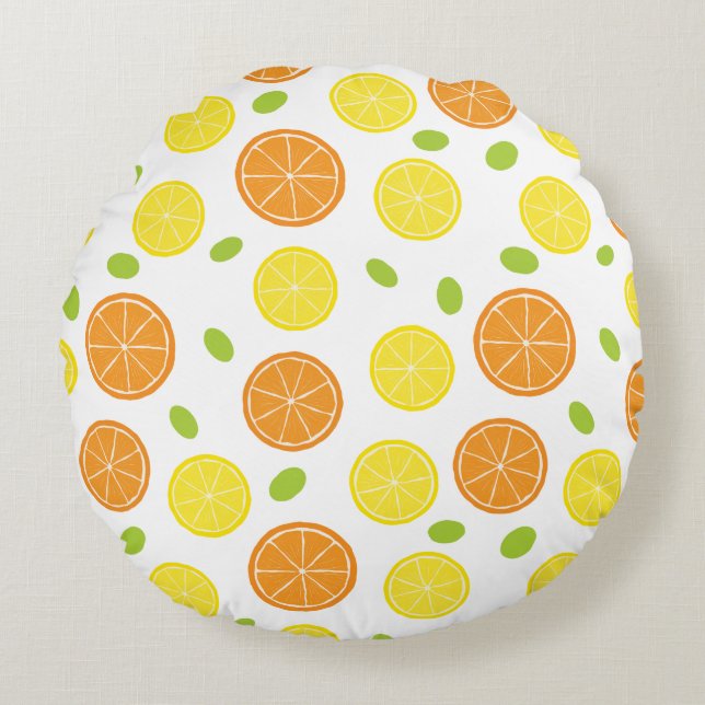 Mediterranean Fruit, Orange and Lemon Slices Round Pillow (Front)