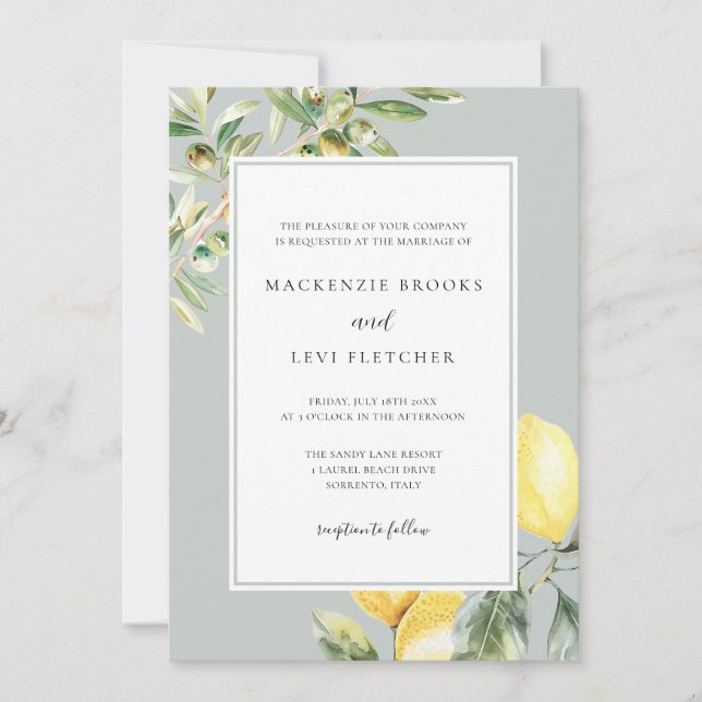 Mediterranean Garden Elegant Lemon Wedding Invitation (Front)