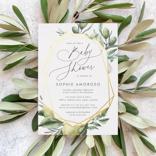 Mediterranean Garden Green Botanical Baby Shower Foil Invitation