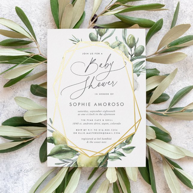 Mediterranean Garden Green Botanical Baby Shower Foil Invitation (Creator Uploaded)
