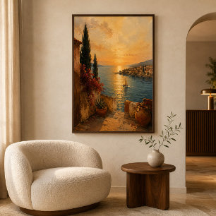 Mediterranean Golden Sunset Coastal Landscape Art Poster