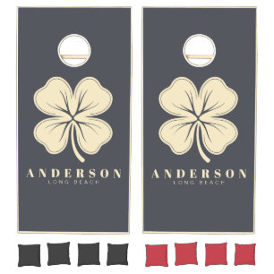 Mediterranean Gray Four Leaf Clover with Name Cornhole Set