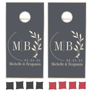 Mediterranean Gray Leaf Wedding Monogram Cornhole Set