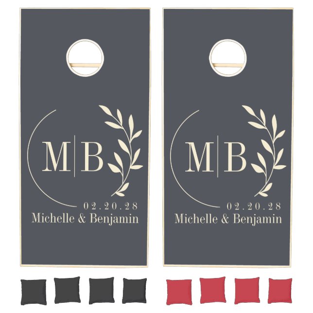 Mediterranean Gray Leaf Wedding Monogram Cornhole Set (Set)