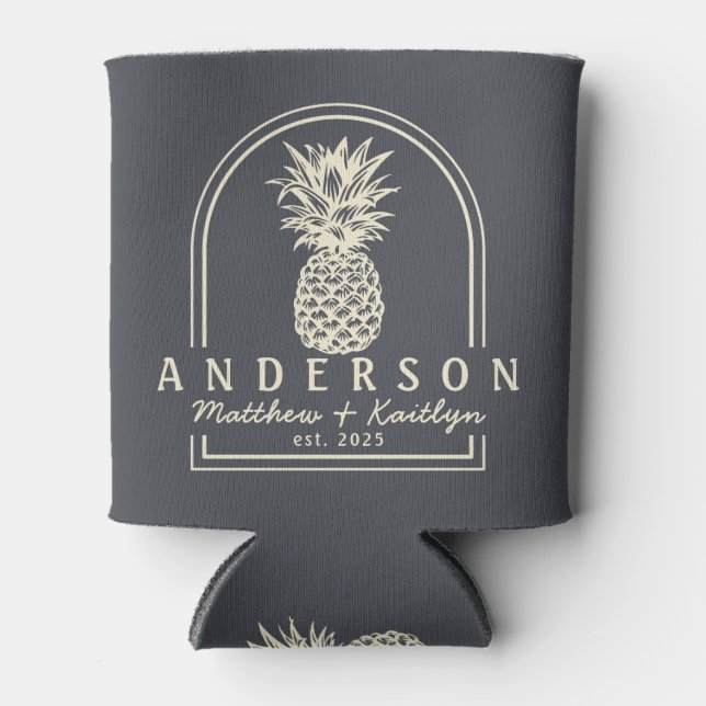Mediterranean Gray Pineapple Wedding Arch & Name Can Cooler (Front)