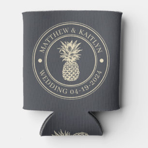 Mediterranean Gray Pineapple Wedding Crest & Names Can Cooler
