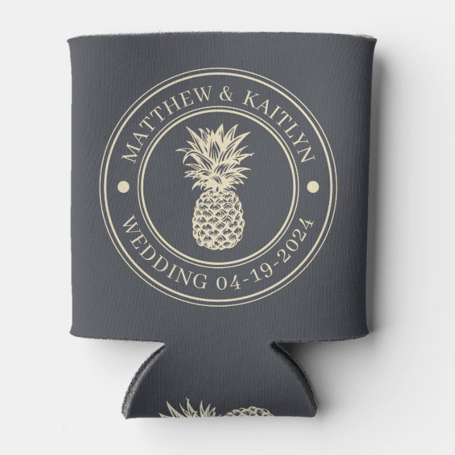 Mediterranean Gray Pineapple Wedding Crest & Names Can Cooler (Front)