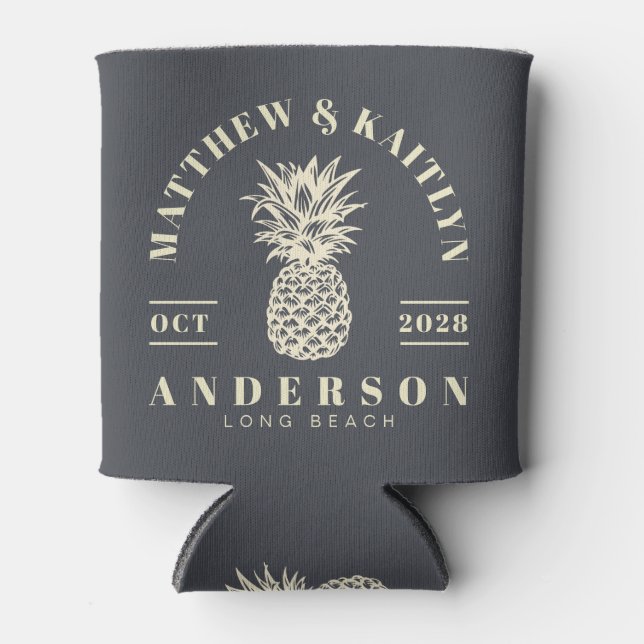 Mediterranean Gray Tropical Pineapple WeddingCrest Can Cooler (Front)
