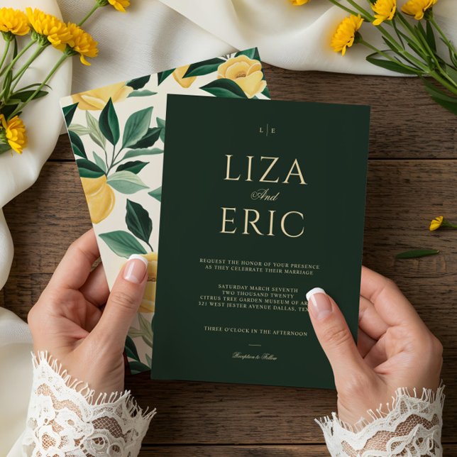 Mediterranean Greece Italian Lemon Citrus Floral Invitation (Lemon Blossom Floral Tree Elegant Green Wedding Invitation)
