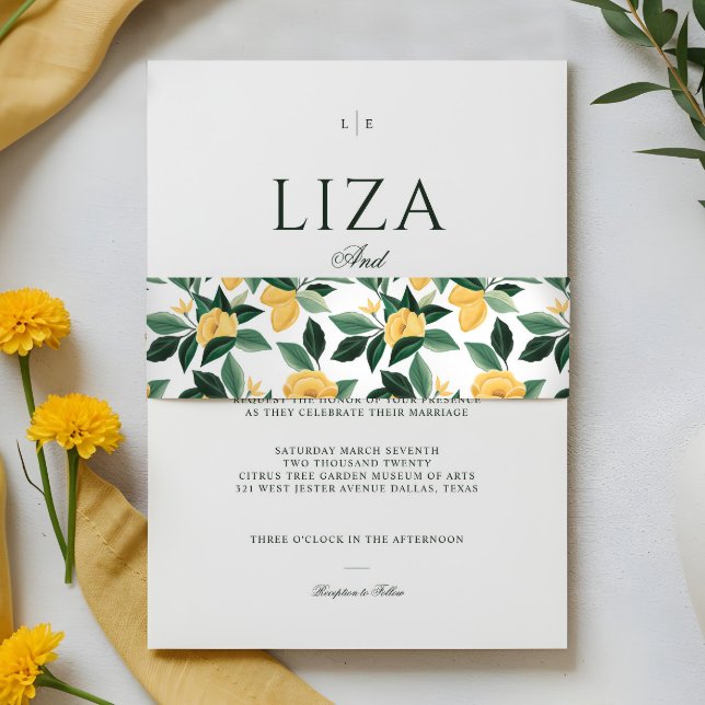 Mediterranean Greece Italian Lemon Citrus Floral Invitation Belly Band (Lemon Blossom Floral Tree Pattern Wedding Invitation Belly Band)