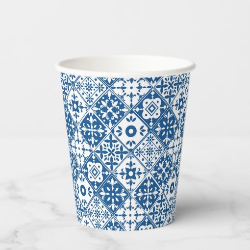 Mediterranean greek Blue tile baby shower Paper Cups | Zazzle