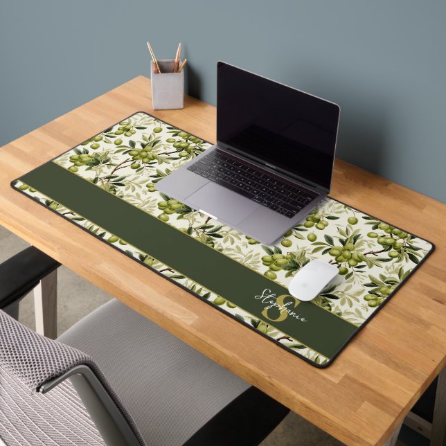 Mediterranean Green Olive Branch Pattern Monogram Desk Mat (Office 2)