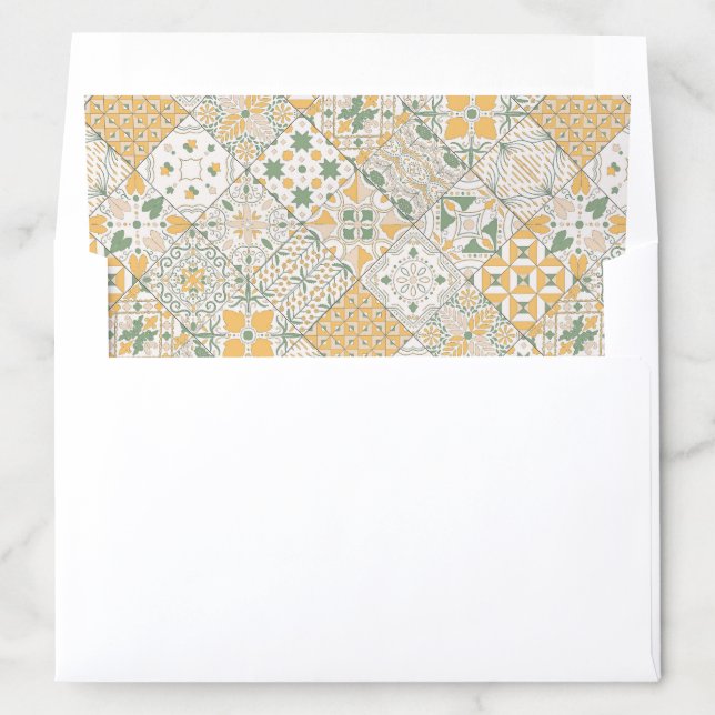 Mediterranean Green Yellow Tiles Pattern Wedding  Envelope Liner (In Envelope)
