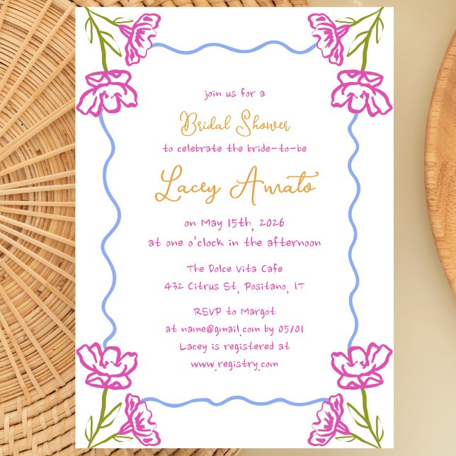 Mediterranean Hand Drawn Whimsical Bridal Shower Invitation (Bougainvillea blooms & citrus vibes make this chic bridal shower invitation a Mediterranean dream!)