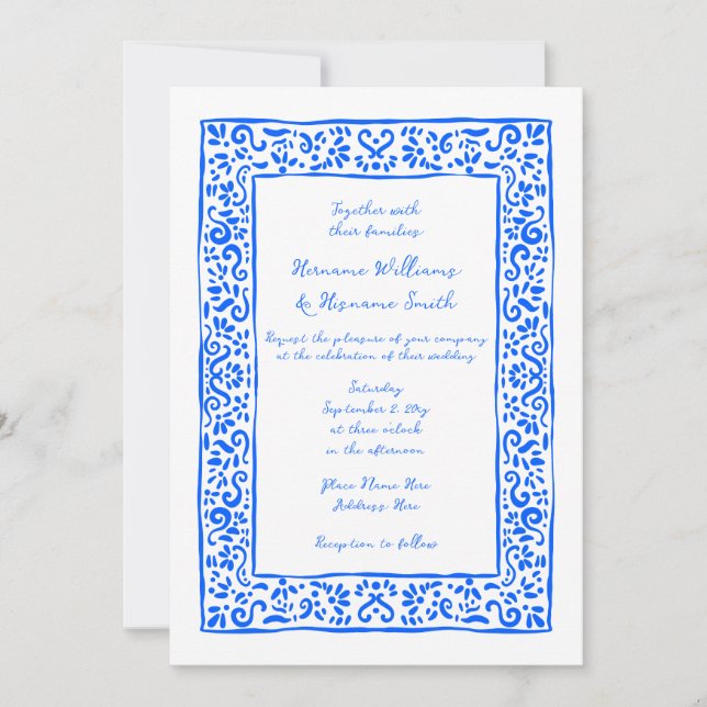Mediterranean Hand Painted Blue White Wedding Invitation (Front)
