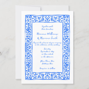 Mediterranean Hand Painted Blue White Wedding Invitation